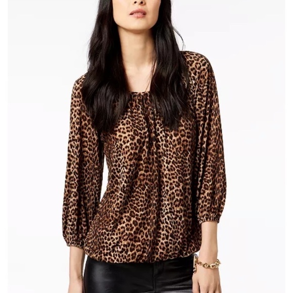 𝅺MICHAEL KORS peasant leopard print blouse long sleeves silky soft NEW size S - Picture 1 of 10
